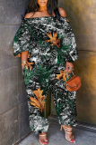 Light Army Green Loose Casual Tree Leaf Print Off Shoulder Long Lantern Sleeve Overall Jumpsuits