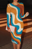 Orange Geometric Print O Neck Long Sleeve Long Wrapped Skirt Bodycon Midi Dress