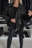 Wine Red PU Leather Casual Street Zipper Turndown Collar Long Sleeve Fall Winter Short Motorcycle Jackets Coats Outerwear