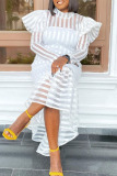 White Sweet Striped Print Asymmetrical Half A Turtleneck Puff Sleeve Flounce Ruffle Hem Vacation A Line Maxi Dresses