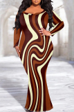 Brown Graphic Print O Neck Long Sleeve Floor Length Casual Outing Plus Size Bodycon Maxi Dress