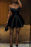 Black Formal Evening Party Prom Sequins Sleeveless Backless Spaghetti Strap Pleated A Line Mini Satin Dresses