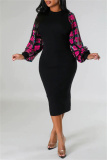 Black Formal Office Lady Crewneck Plaid Lantern Sleeve with Sequin Decor Bodycon Midi Dresses