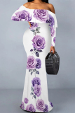 White Red Floral Print Off Shoulder Long Flutter Sleeve Mermaid Hem Vacation Boho Style Maxi Dresses