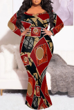 Brown Graphic Print O Neck Long Sleeve Floor Length Casual Outing Plus Size Bodycon Maxi Dress