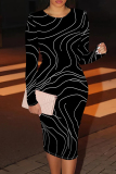 Black Gold Stripe Print O Neck Long Sleeve Casual Outing  Bodycon Maxi Dress