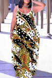 Rose Red Casual Graphcis Print Sleeveless Backless Spaghetti Strap Floor Length Casual Outing Straight Loose Maxi Slip Dress