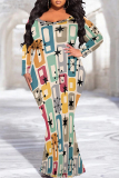 Brown Graphic Print O Neck Long Sleeve Floor Length Casual Outing Plus Size Bodycon Maxi Dress