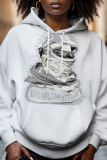 White Grey Casual Figure Bufferfly Print Draw String Hooded Collar Long Sleeve Fall Winter Sweatshirts Tops