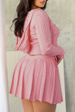 Pink Draw String Hooded Zipper Collar Long Sleeve Jacket and Pleated Mini Skirts Fall Winter Sweater Two Pieces Dress Sets