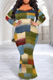 Brown Graphic Print O Neck Long Sleeve Floor Length Casual Outing Plus Size Bodycon Maxi Dress