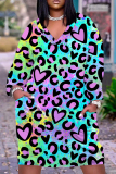 Purple Blue Casual Graphcis Print V Neck Long Sleeve Long Plus Size Maxi Casual Outing Straight Loose Maxi Dress With Pocket