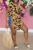 Brown Loose Casual Leopard Print V Neck Slit Button up Long Sleeve Tops Shirts