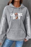 Dark Grey Loose Letter Football Print Hooded Long Sleeve Fall Winter Waffle Sweatshirts Tops