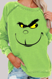 Green Christmas Cotton Grinch Print Round Neck Long Sleeve Fall Winter Sweatshirts Tops