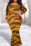 Brown Graphic Print O Neck Long Sleeve Floor Length Casual Outing Plus Size Bodycon Maxi Dress