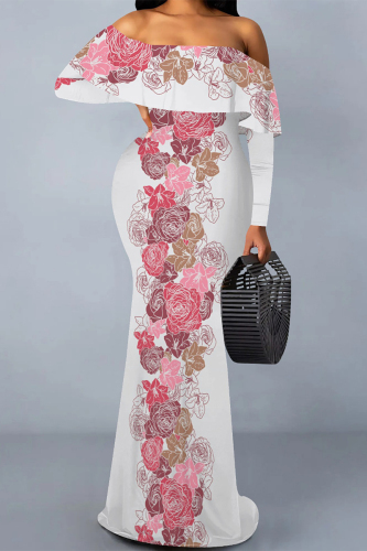 White Red Floral Print Off Shoulder Long Flutter Sleeve Mermaid Hem Vacation Boho Style Maxi Dresses