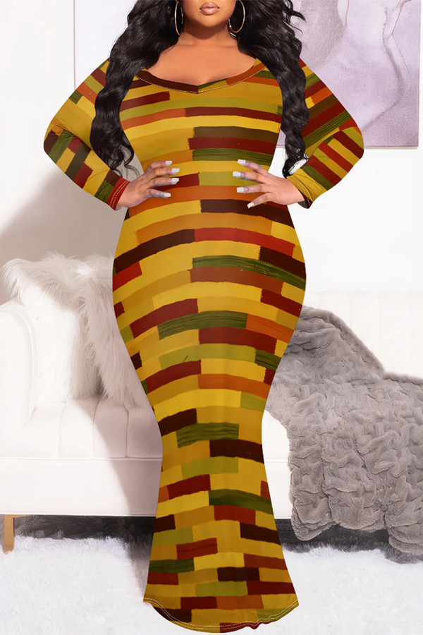 Brown Graphic Print O Neck Long Sleeve Floor Length Casual Outing Plus Size Bodycon Maxi Dress
