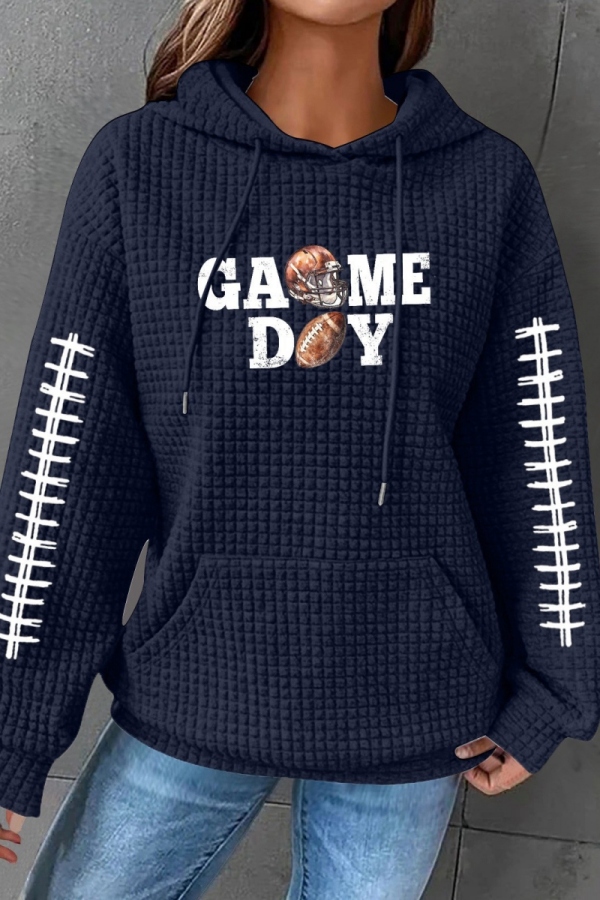 Dark Grey Loose Letter Football Print Hooded Long Sleeve Fall Winter Waffle Sweatshirts Tops