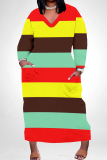 Brown Green Casual Stripe Print V Neck Long Sleeve Long Plus Size Maxi Casual Outing Straight Loose Maxi Dress With Pocket