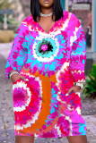 Purple Blue Casual Graphcis Print V Neck Long Sleeve Long Plus Size Maxi Casual Outing Straight Loose Maxi Dress With Pocket