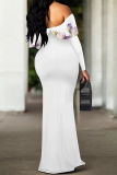 White Red Floral Print Off Shoulder Long Flutter Sleeve Mermaid Hem Vacation Boho Style Maxi Dresses