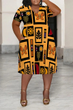 Orange Casual National Totem Graphics Print V Neck Short Sleeve Loose Pockets Midi T-Shirt Dress