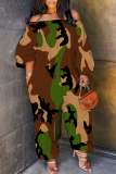 Light Army Green Loose Casual Tree Leaf Print Off Shoulder Long Lantern Sleeve Overall Jumpsuits