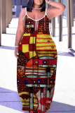 Rose Red Casual Graphcis Print Sleeveless Backless Spaghetti Strap Floor Length Casual Outing Straight Loose Maxi Slip Dress