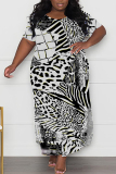 Brown African Casual Graphics Print O Neck Short Sleeve Long Side Slit Loose Vacation Plus Size Straight Maxi T-shirt Dresses