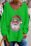 Green Loose Christmas Tree Santa Print Contrast V Neck Long Sleeve Fall Winter Blouses Tops