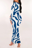 Blue Gold Stripe Print U Neck Long Sleeve Long Wrapped Skirt Bodycon Maxi Dress