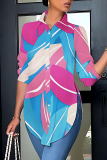 White  Loose Casual Abstract Chains Print Turndown Collar Slit Button up Long Sleeve Tops Shirts