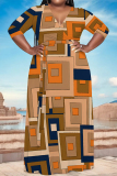 Brown Geometric Print V Neck 3/4 Sleeve Lace Up Casual Outing Vacation Straight Loose Maxi Dress