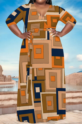 Brown Geometric Print V Neck 3/4 Sleeve Lace Up Casual Outing Vacation Straight Loose Maxi Dress