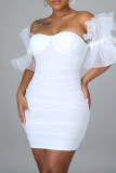 White Sleeveless Backless Zipper Asymmetrical Collar Mesh Sheer Puff Sleeve Wrapped Skirt Ruched Cocktail Bodycon Party Mini Dresses
