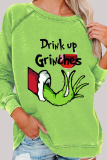 Green Christmas Cotton Grinch Print Round Neck Long Sleeve Fall Winter Sweatshirts Tops