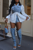 White Denim Casual Lace Up Turndown Collar Vest Long Hubble-Bubble Sleeve Shirts Fake 2pcs and Shorts Two Pieces Sets
