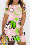Pink Christmas Grinch Print O Neck Short Sleeve Wrapped Skirt Short Sleeve Casual Outing Bodycon Mini T-shirt Dress
