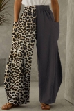 Dark Grey Casual Leopard Print Contrast With Pocket Elastic High Waist Straight Loose Pants Trousers