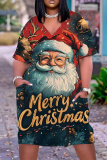 Red Santa Claus Print V Neck Short Sleeve Plus Size Straight Loose T Shirt Midi Dress with Pocket