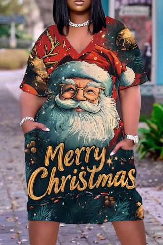 Red Santa Claus Print V Neck Short Sleeve Plus Size Straight Loose T Shirt Midi Dress with Pocket