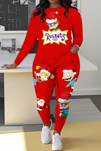 Red Sportwear Cartoon Letter Print Round Neck Long Sleeve Sweatshirt and Pencil Sweatpants Fall Winter Two Pieces Sweatsuits Sets