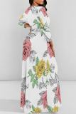 Blue Boho Floral Butterfly Print Deep V Neck 3/4 Sleeve Strap Design Belted Floor Length Plus Size Vacation Loose A Line Maxi Dress
