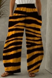 Dark Grey Casual Leopard Print Contrast With Pocket Elastic High Waist Straight Loose Pants Trousers