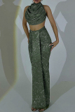 Green Skinny Party Club Formal Elegant Ruched Round Neck Vest and Maxi Wrap Skirts Two Pieces Dress Sets