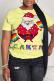 Green Christmas Graphic Snowman Bear Santa Print Round Neck Short Sleeve T-Shirts Tops