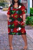 Red Green Plaid Snowflake Santa Claus Christmas Tree Print V Neck Short Sleeve Plus Size Straight Loose Midi Dress with Pocket