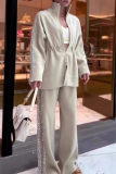 White Loose Casual Sequins Draw String Zipper Mandarin Collar Long Sleeve Jackets and Wide Leg Pants Fall Winter Two Pieces Sets