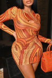 Orange Casual Print Hollow Out O Neck Long Sleeve Wrapped Skirt Night Club Bodycon Mini Dresses